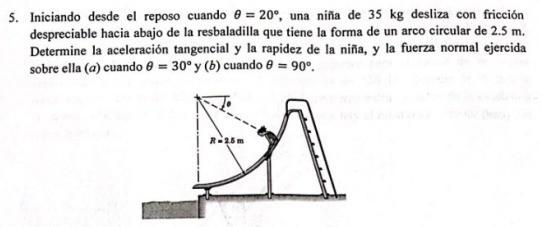 5. Iniciando desde el reposo cuando \( \theta=20^{\circ} \), una niña de \( 35 \mathrm{~kg} \) desliza con fricción desprecia