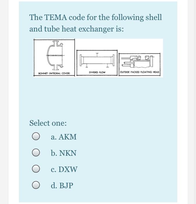 Solved The TEMA Code For The Following Shell And Tube Heat | Chegg.com