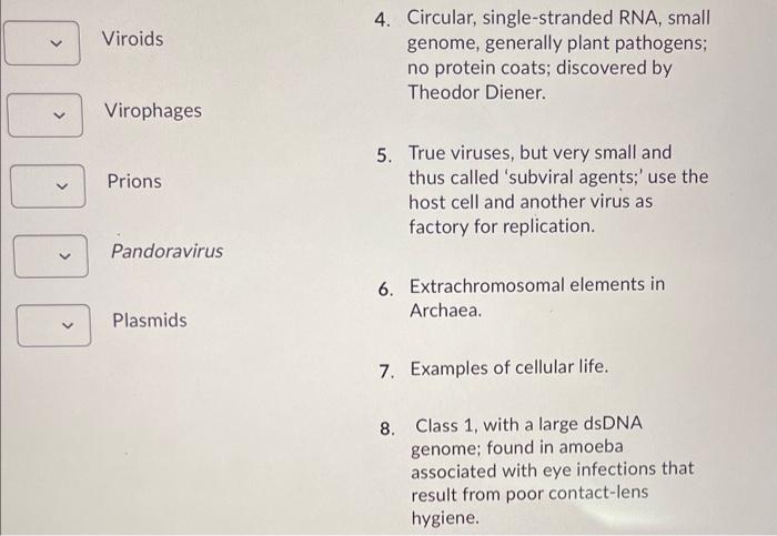 4. Circular, single-stranded RNA, small genome, generally plant pathogens; no protein coats; discovered by Theodor Diener.
Vi