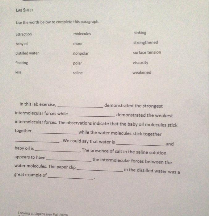 Solved LAB SHEET Use the words below to complete this | Chegg.com