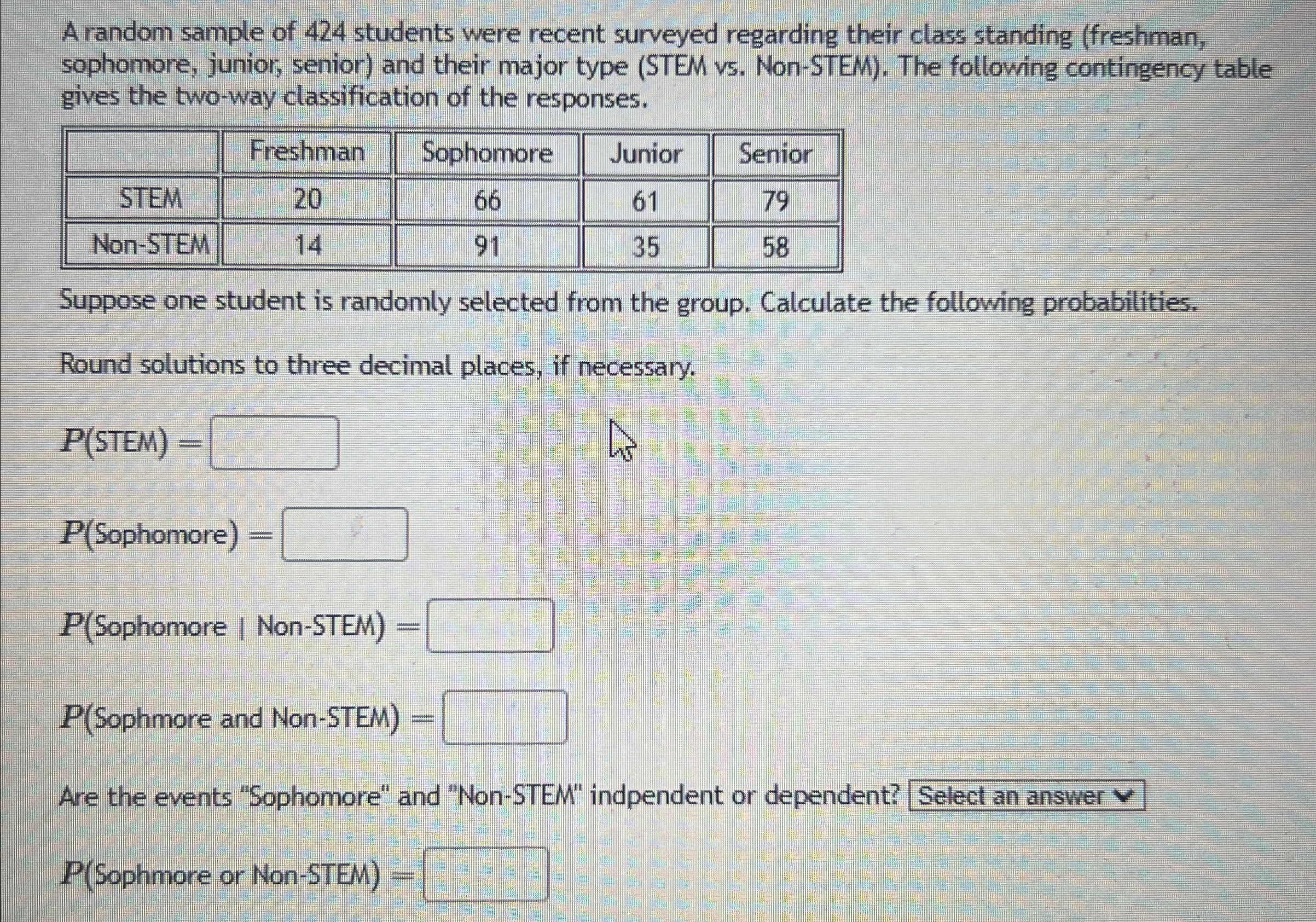Solved A random sample of 424 ﻿students were recent surveyed | Chegg.com