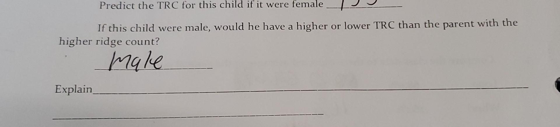 Total Ridge Count Question Solved Predict the TRC for this child if it were female q,If | Chegg.com