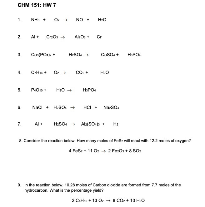 Solved CHM 151: HW 7 1. NH3 + O2 + NO + H2O 2. Al+ Cr2O3 → | Chegg.com