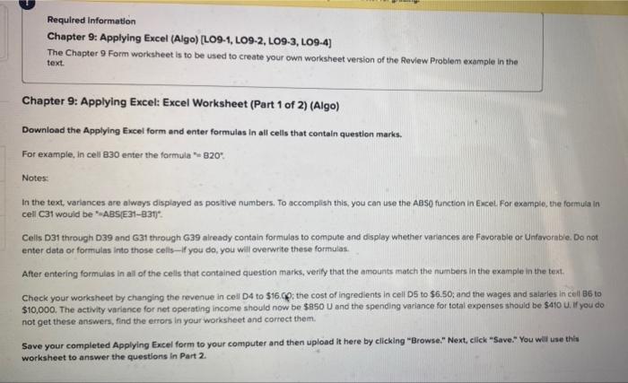 Solved Required Information Chapter 9: Applying Excel (Algo) | Chegg.com