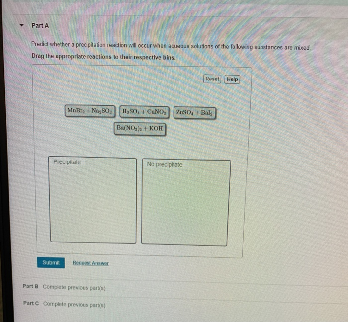 Solved Part A Predict Whether A Precipitation Reaction Will | Chegg.com