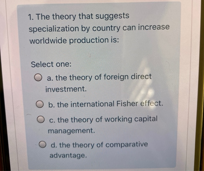 Solved 1. The theory that suggests specialization by country