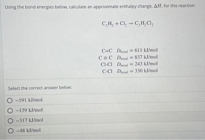 Solved Using The Bond Energies Below, Calculate An | Chegg.com