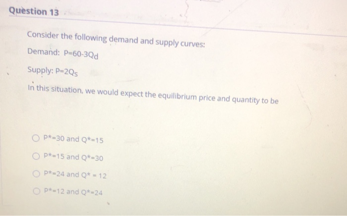 Solved Question 13 Consider the following demand and supply | Chegg.com