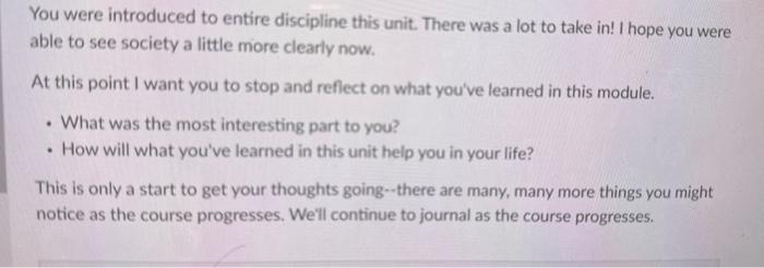 You were introduced to entire discipline this unit. | Chegg.com