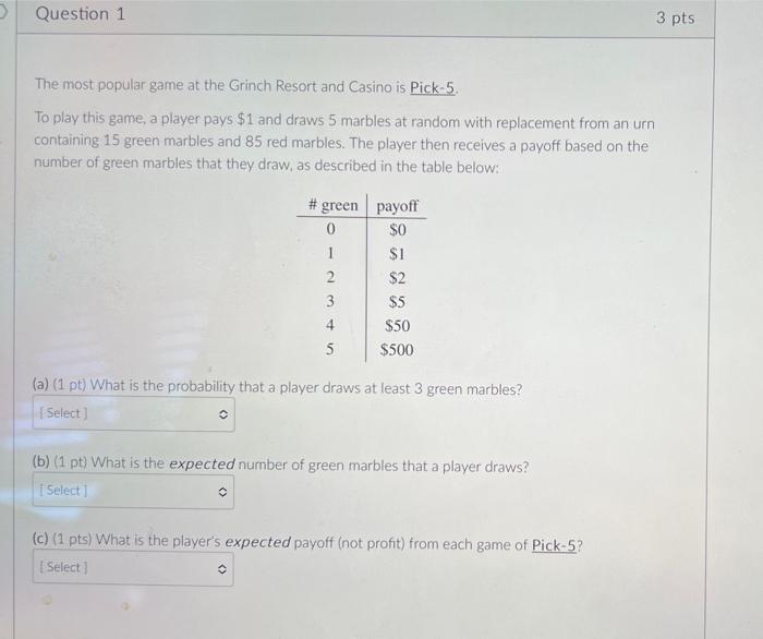 Solved Question 1 3 pts The most popular game at the Grinch