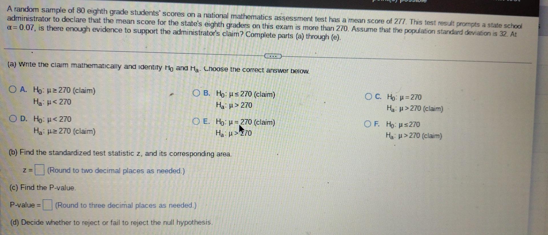 Solved A random sample of 80 eighth grade students' scores | Chegg.com
