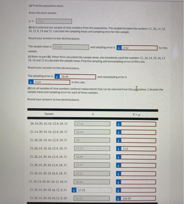 Solved (a) Find the population mean Enter the exact answer. | Chegg.com