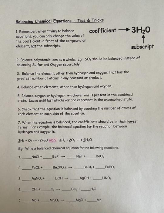 Solved Balancing Chemical Equations - Tips & Tricks 1. | Chegg.com