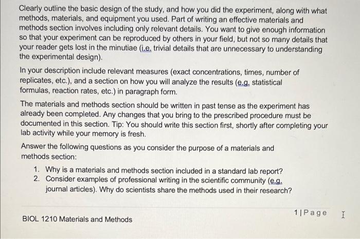 Solved Writing the Materials and Methods Section of a Lab | Chegg.com