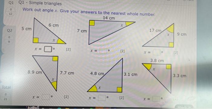 Work out angle \( x \). Give your answers to the nearest whale number.
\( x= \)
[2] \( \quad x= \)
[2]