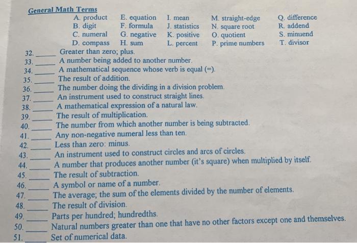 Solved 35. General Math Terms A product E. equation I mean | Chegg.com