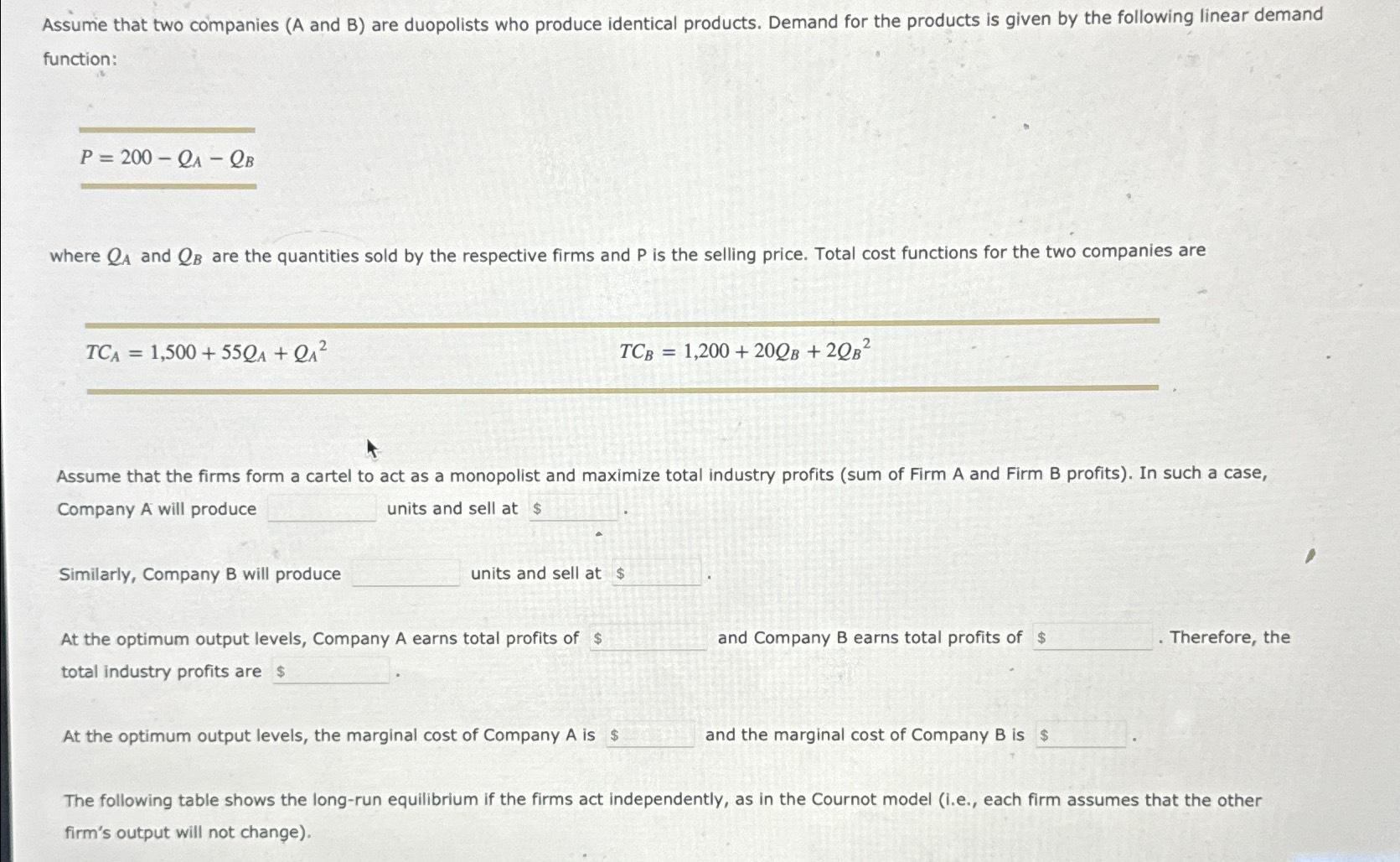 Solved Assume That Two Companies (A And B) ﻿are Duopolists | Chegg.com