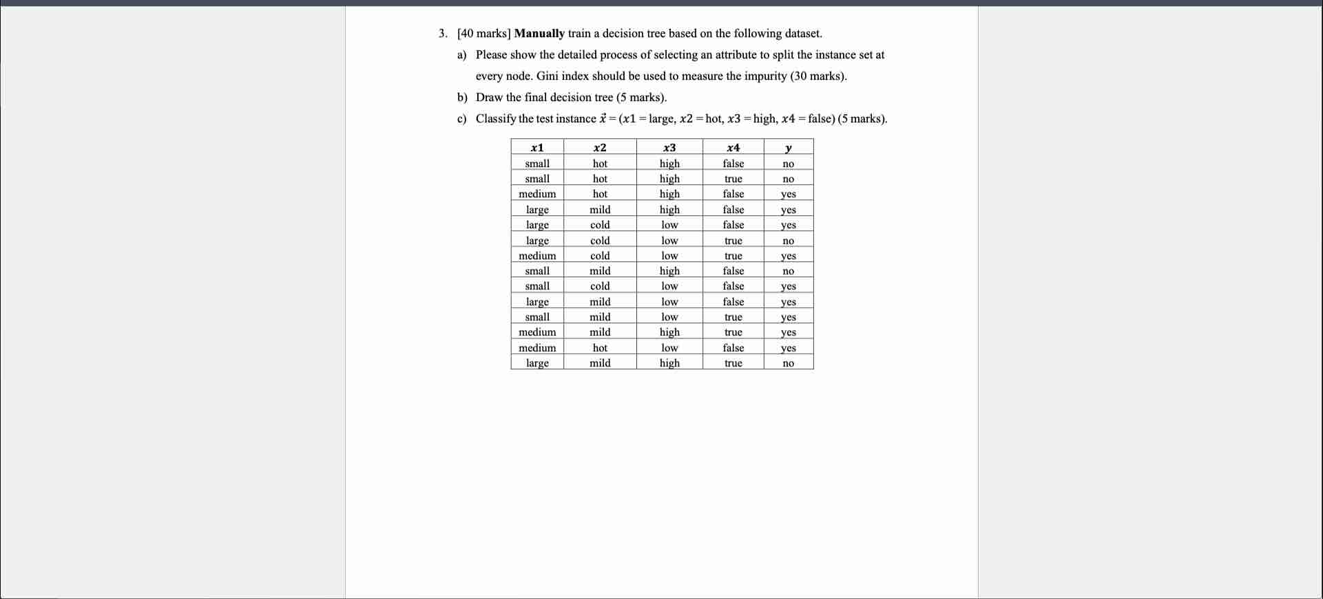 Solved 3. [40 ﻿marks] ﻿Manually train a decision tree based | Chegg.com