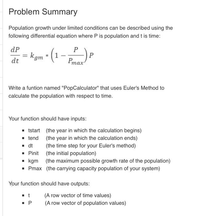 Solved Problem Summary Population Growth Under Limited | Chegg.com