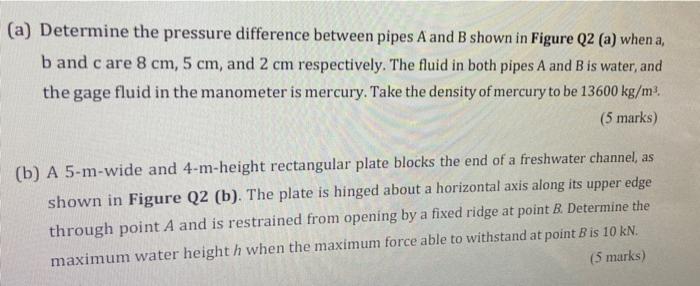 Solved (a) Determine the pressure difference between pipes A | Chegg.com