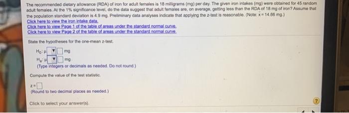 Solved The recommended detary allowance (RDA) of iron for | Chegg.com