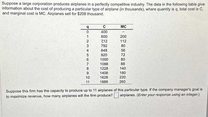 Solved Suppose A Large Corporation Produces Airplanes In A | Chegg.com