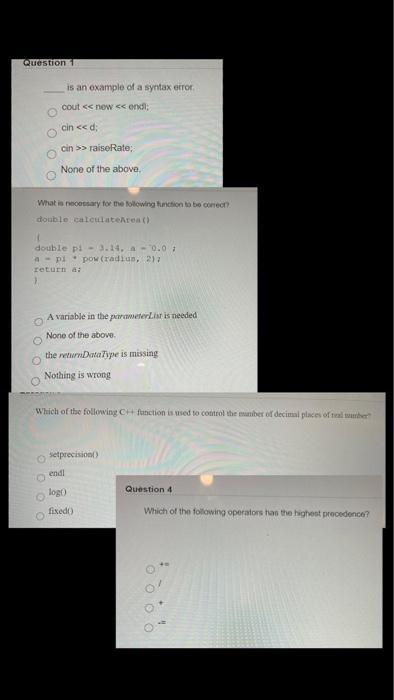Solved Question is an example of a syntax error cout | Chegg.com
