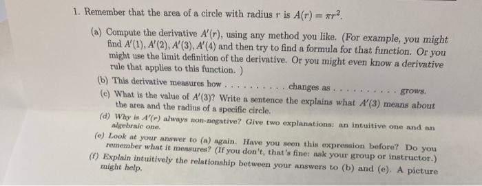 Solved Remember that the area of a circle with radius r is | Chegg.com