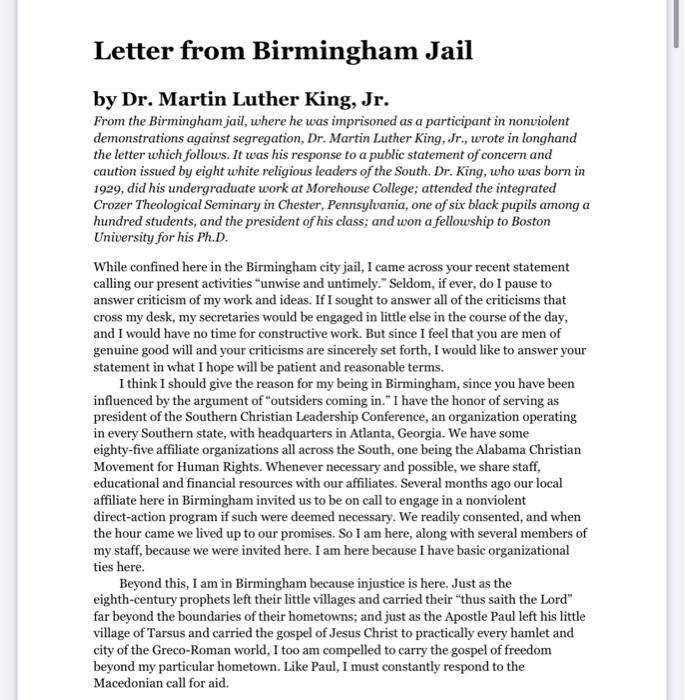 essay on martin luther king letter from birmingham jail