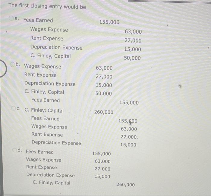 The first closing entry would be
a. Fees Earned
Wages Expense
Rent Expense
Depreciation Expense
C. Finley, Capital
Ob. Wages 