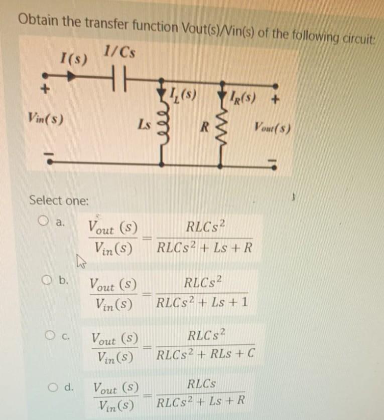 Solved Obtain the transfer function Vout(s)/Vin(s) of the