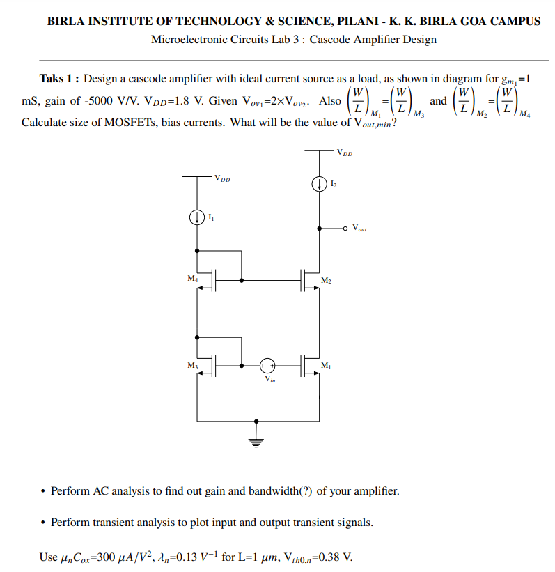 Solved Taks 1 ﻿: Design a cascode amplifier with ideal | Chegg.com