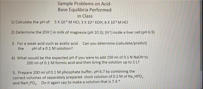 Solved Sample Problems on Acid- Base Equilibria Performed in | Chegg.com