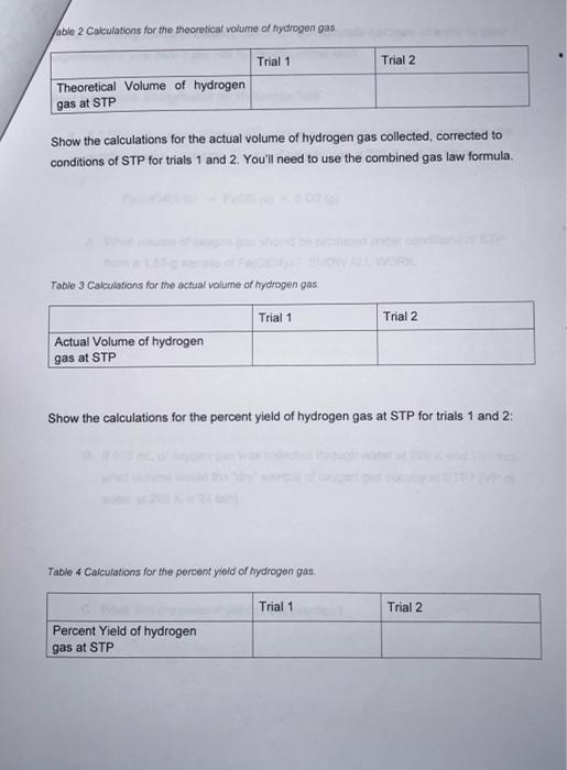 able 2 Calculations for the theoretical volume of hydrogen gas
Theoretical Volume of hydrogen
gas at STP
Trial 1
Show the cal