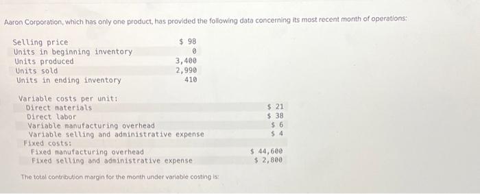 Solved Aaron Corporation, which has only one product, has | Chegg.com