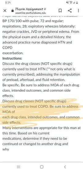 5:39 Pharm Assignment 2 usconline southalakama.edu BP 170/100 with pulse, 72 and regular; respirations, 28; expiratory wheeze