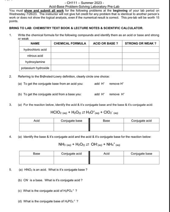Solved - CH111 - Summer 2023 - Acid-Base Problem-Solving | Chegg.com