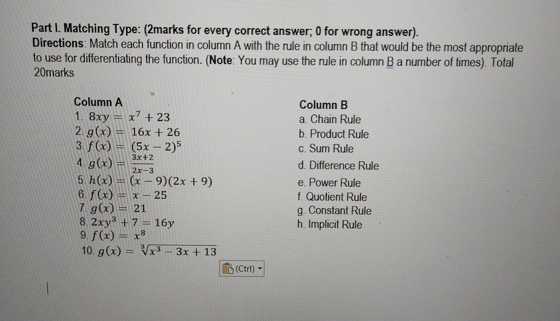 Solved Part I. Matching Type: (2marks for every correct | Chegg.com