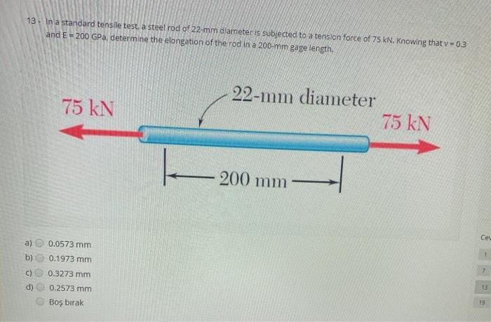 Solved 13. In a standard tensile test, a steel rod of 22-mm | Chegg.com