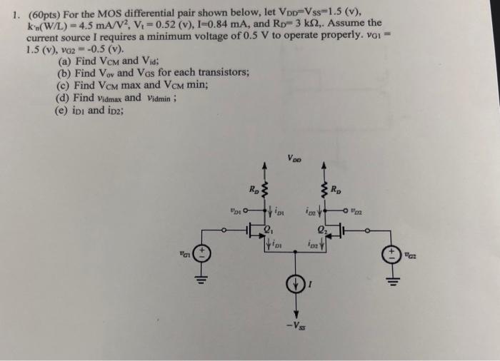Solved 1. (60pts) For the MOS differential pair shown below, | Chegg.com