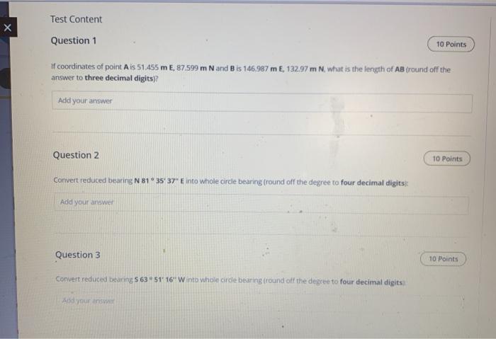 Solved х Test Content Question 1 10 Points of coordinates of | Chegg.com