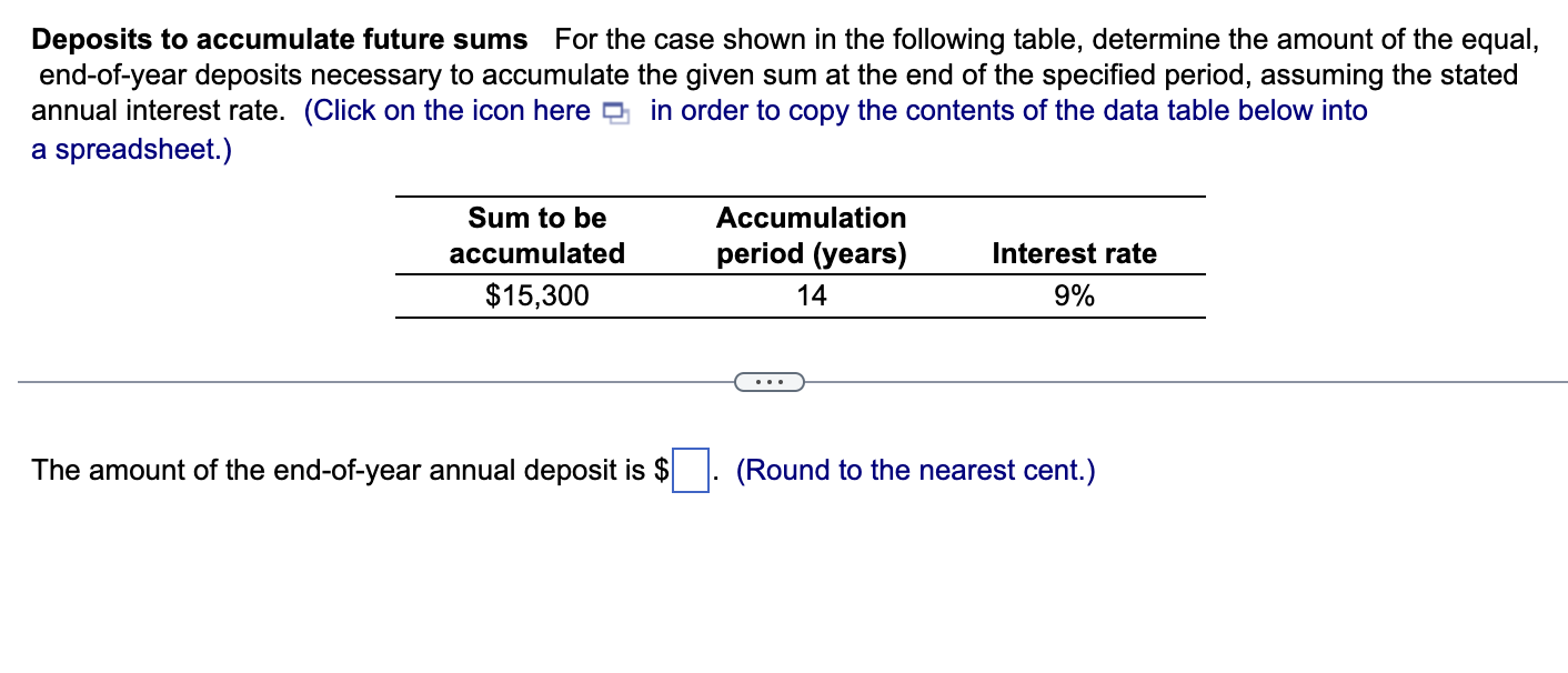 Deposits to accumulate future sums For the case shown | Chegg.com