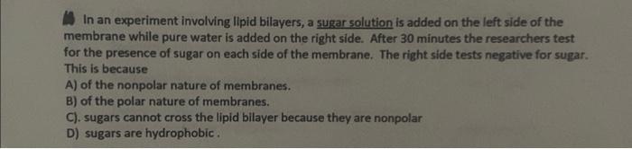 Solved 13 In an experiment involving lipid bilayers, a sugar | Chegg.com