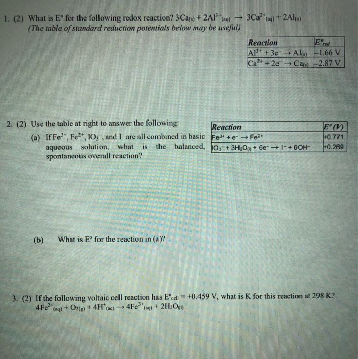 Solved 1 2 What Is Eº For The Following Redox Reaction Chegg Com