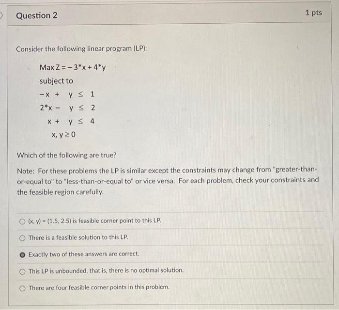 Solved Question 2 1 pts Consider the following linear | Chegg.com