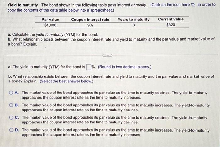 Solved Yield To Maturity The Bond Shown In The Following | Chegg.com