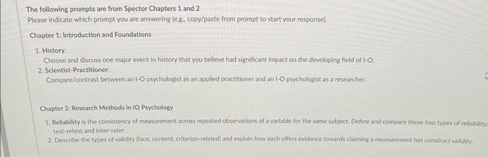 Solved The following prompts are from Spector Chapters 1 and | Chegg.com
