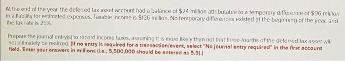 Solved At The End Of The Year, The Deferred Tax Asset | Chegg.com