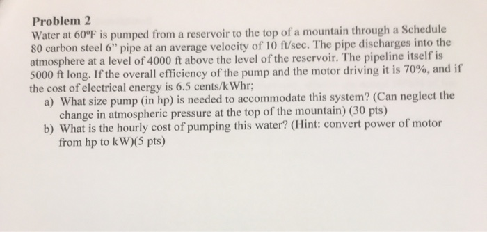 Solved Problem 2 Water at 60°F is pumped from a reservoir to | Chegg.com