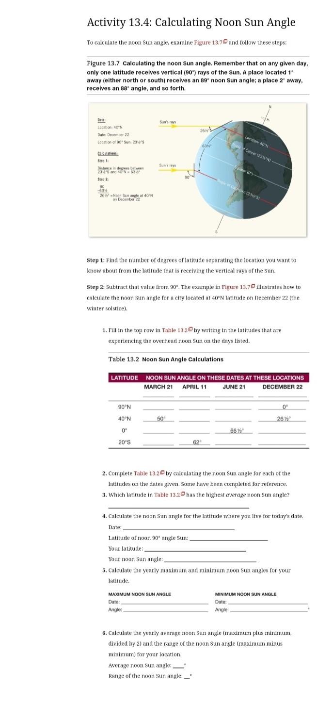 Solved Activity 13.4 Calculating Noon Sun Angle To